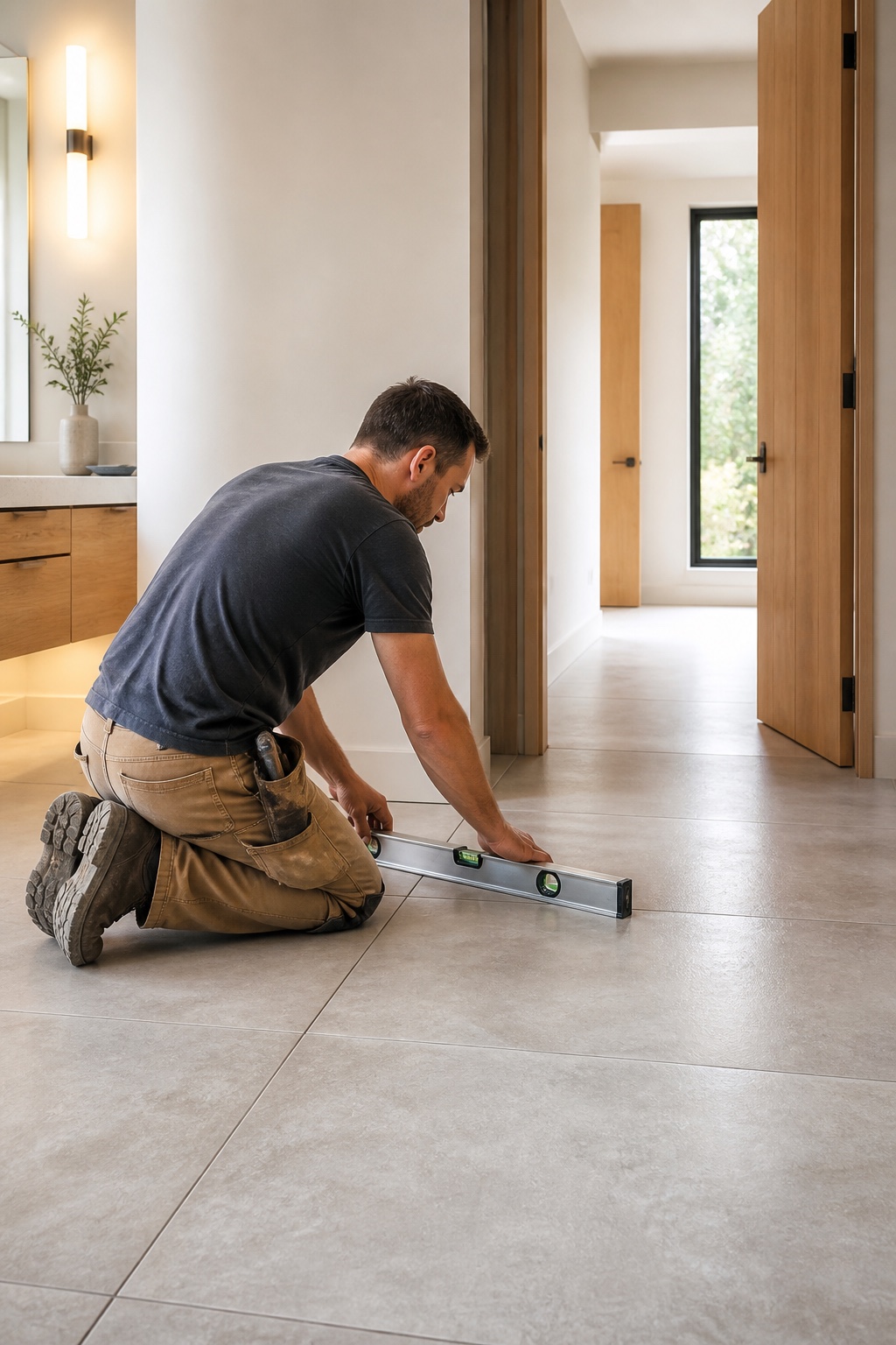 Residential contractor checking tile alignment in a clean modern interior