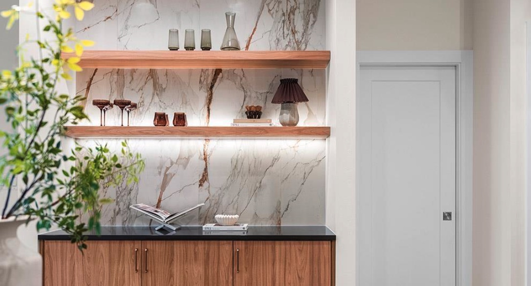 Illuminated feature backsplash with floating wood shelves